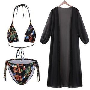 Black Asian Design Three Piece Bikini Set